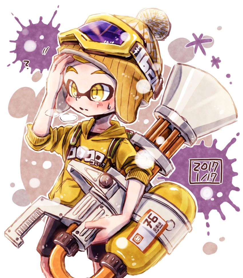 1boy ? black_shorts blonde_hair breath dated domino_mask goggles goggles_on_headwear hand_on_head harutarou_(orion_3boshi) hat highres holding holding_weapon hood hoodie inkling long_sleeves male_focus mask mini_splatling_(splatoon) paint_splatter pointy_ears print_shirt shirt shorts sleeves_pushed_up splatoon splatoon_1 standing weapon yellow_eyes yellow_hat yellow_shirt