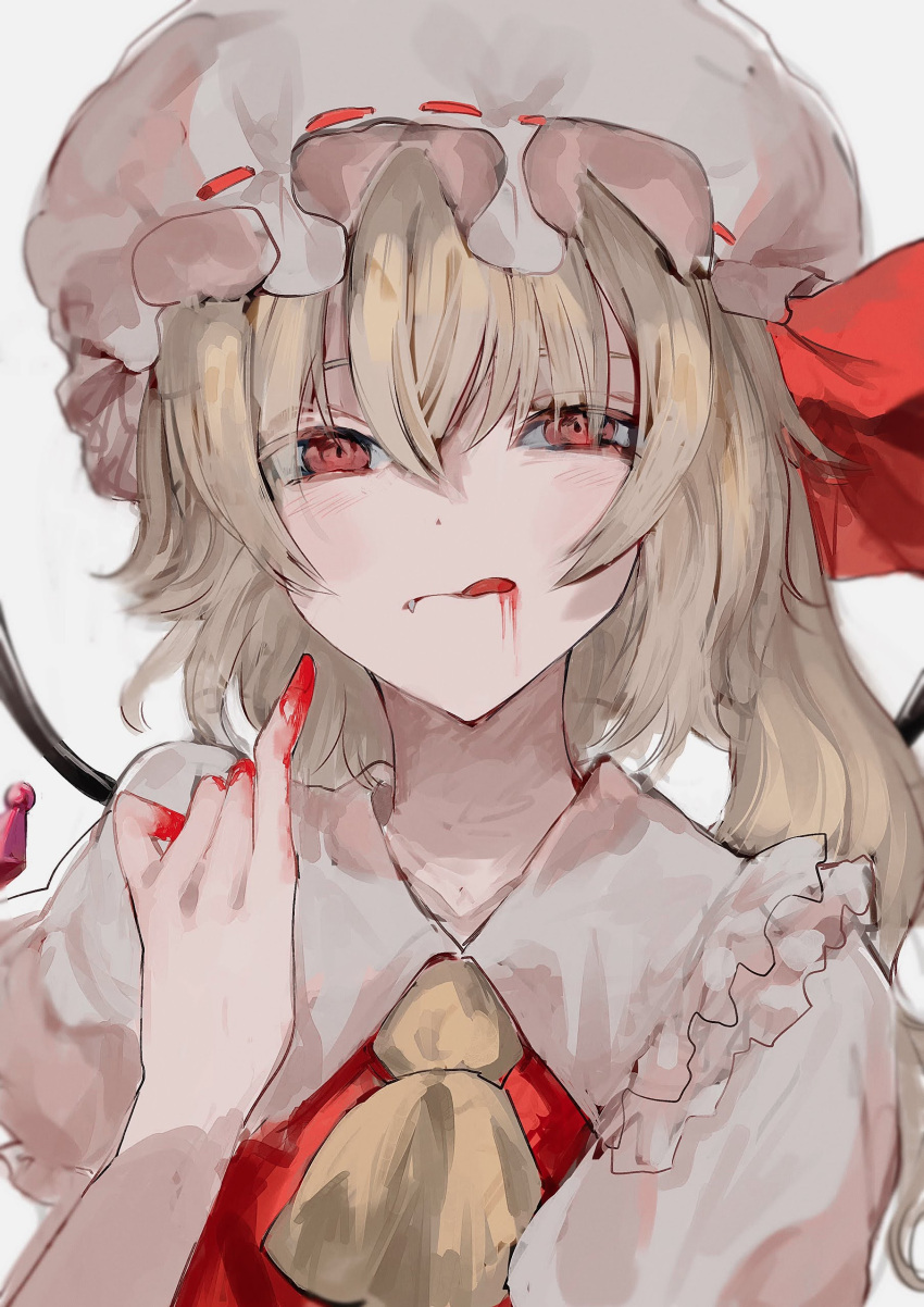 1girl :q absurdres ascot bangs blonde_hair blood commentary_request crystal eyebrows_behind_hair flandre_scarlet frilled_shirt_collar frills hair_between_eyes hand_up hat highres looking_at_viewer mob_cap one-hour_drawing_challenge one_side_up red_eyes red_vest rin_(rin7kan7) simple_background solo tongue tongue_out touhou upper_body vest white_background white_headwear wings yellow_ascot