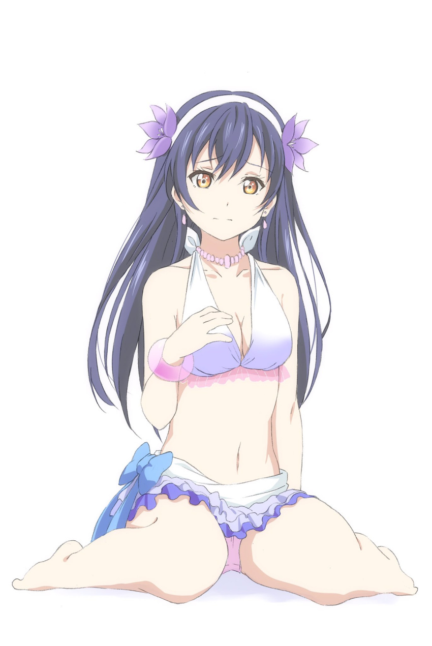 1girl bangs bikini bikini_skirt blue_hair bracelet commentary_request earrings flower frilled_bikini frills hair_between_eyes hair_flower hair_ornament hand_on_own_chest hibiscus highres jewelry long_hair looking_at_viewer love_live! love_live!_school_idol_project natsuiro_egao_de_1_2_jump! necklace simple_background sitting solo sonoda_umi super-saiya-0173 swimsuit wariza yellow_eyes