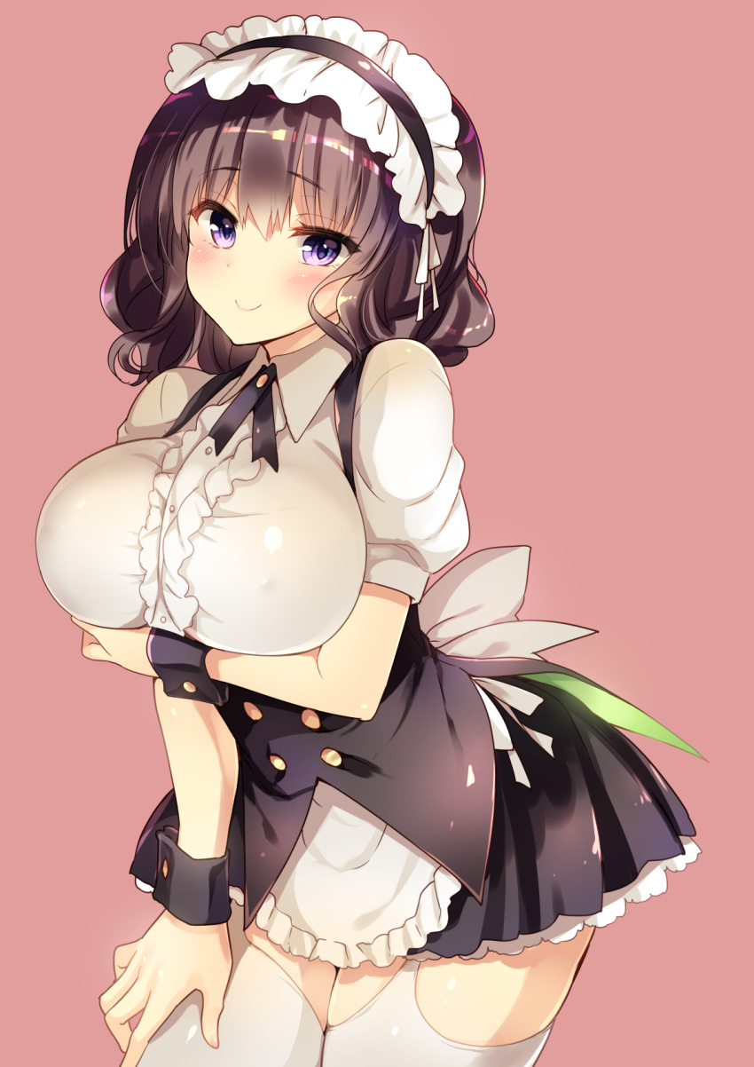 1girl apron bangs black_hair black_ribbon black_skirt black_vest blush breast_hold breasts center_frills closed_mouth commentary_request cowboy_shot dress_shirt frilled_skirt frills highres large_breasts leaning_forward looking_at_viewer maid maid_headdress neck_ribbon original puffy_short_sleeves puffy_sleeves ribbon sanshoku_amido shirt short_sleeves skirt smile solo thigh-highs vest violet_eyes waist_apron wavy_hair white_legwear wrist_cuffs