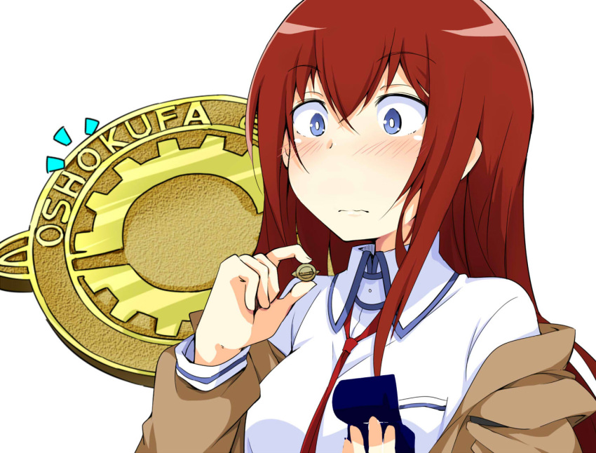 /\/\/\ 1girl badge blue_eyes blush breasts chata_maru_(irori_sabou) collared_shirt commentary eyebrows_visible_through_hair hair_between_eyes holding jacket long_hair makise_kurisu medium_breasts necktie off_shoulder proposal redhead ring_box shirt simple_background solo steins;gate upper_body wavy_mouth white_background
