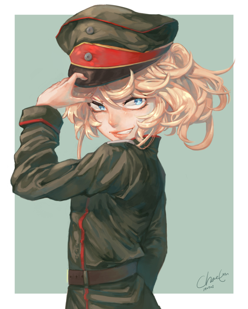 1girl adjusting_clothes adjusting_hat artist_request belt blonde_hair blue_eyes dated from_behind hat highres long_sleeves looking_at_viewer military military_uniform short_hair signature simple_background smile solo tanya_degurechaff uniform upper_body youjo_senki