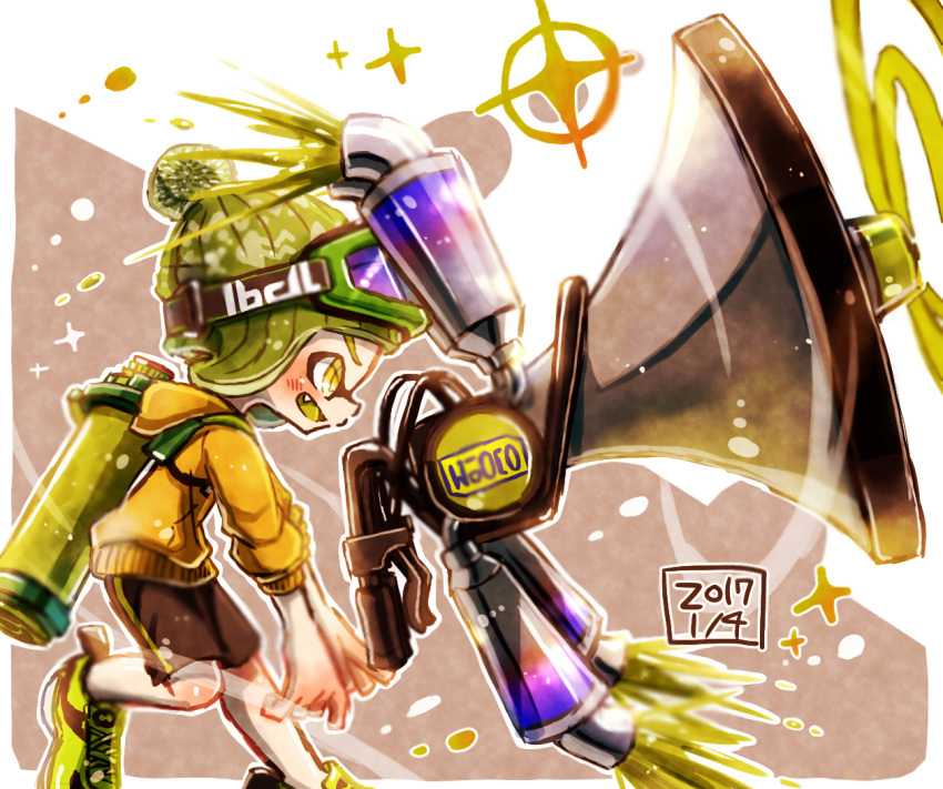 bike_shorts black_shorts blurry bobblehat cross-laced_footwear dated domino_mask fang from_side goggles goggles_on_headwear green_hat green_shoes green_tongue harutarou_(orion_3boshi) hat hood hoodie ink_tank_(splatoon) inkling killer_wail_(splatoon) long_sleeves mask open_mouth pointy_ears shirt shoes shorts single_vertical_stripe sleeves_pushed_up smile sparkle splatoon splatoon_1 standing standing_on_one_leg yellow_eyes yellow_shirt