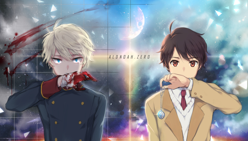 2boys aldnoah.zero bittersweet_(dalcoms) black_hair blood bloody_clothes blue_eyes brown_jacket copyright_name gloves hair_between_eyes highres holding kaizuka_inaho looking_at_viewer military military_uniform moon multiple_boys necktie orange_eyes red_necktie shirt silver_hair slaine_troyard sweater uniform white_gloves white_shirt white_sweater