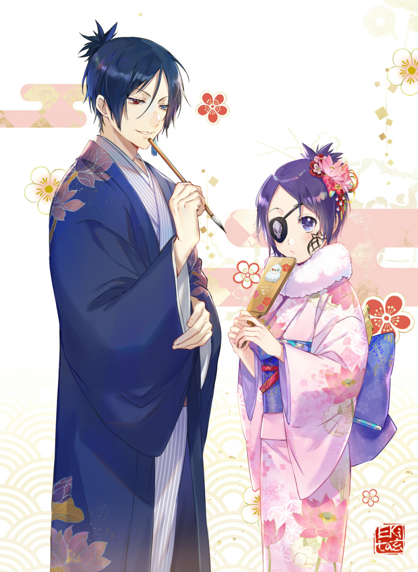 1boy 1girl blue_eyes blue_hair blush calligraphy_brush chrome_dokuro closed_mouth ekita_xuan eyepatch facial_mark floral_background floral_print flower fur_trim hagoita hair_between_eyes hair_flower hair_ornament haori heterochromia highres holding japanese_clothes katekyo_hitman_reborn kimono long_sleeves looking_at_viewer obi paddle paintbrush pink_flower pink_kimono purple_hair red_eyes rokudou_mukuro sash signature smile violet_eyes