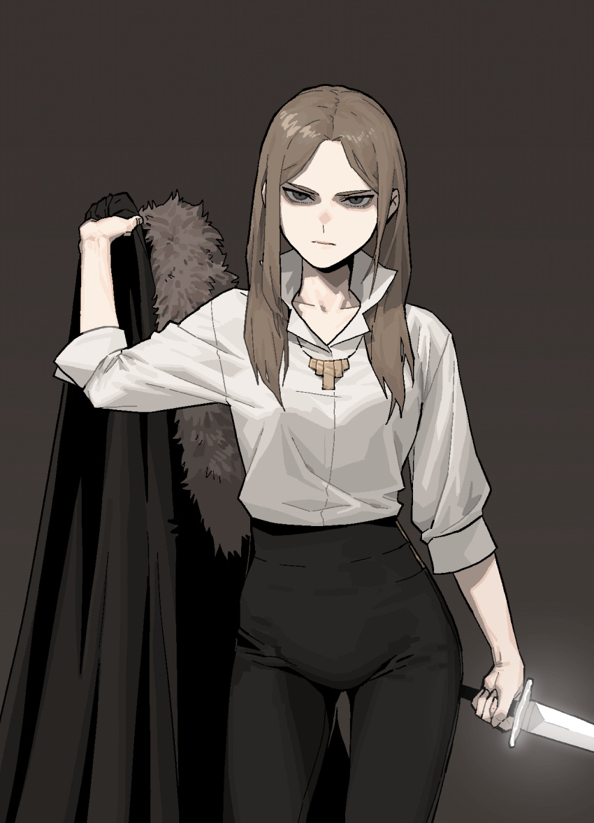1girl black_pants brown_background brown_hair cape cape_removed closed_mouth cowboy_shot gogalking grey_eyes hand_up highres holding holding_cape holding_sword holding_weapon jewelry leonir_(gogalking) long_hair long_sleeves looking_at_viewer necklace original pants popped_collar sanpaku serious shirt simple_background solo standing sword weapon white_shirt