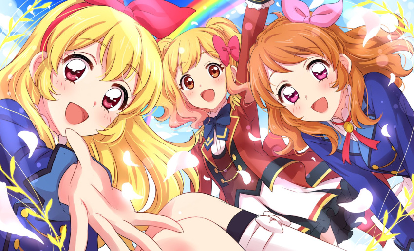 3girls :d aikatsu! bangs blonde_hair blue_jacket blush bow brown_hair commentary_request eyebrows_visible_through_hair gradient_hair hair_bow hairband happy highres hoshimiya_ichigo jacket long_hair long_sleeves looking_at_viewer multicolored_hair multiple_girls nijino_yume oozora_akari open_mouth outstretched_arm pink_bow pink_eyes pink_hair rainbow red_bow red_jacket sekina skirt smile socks standing twintails