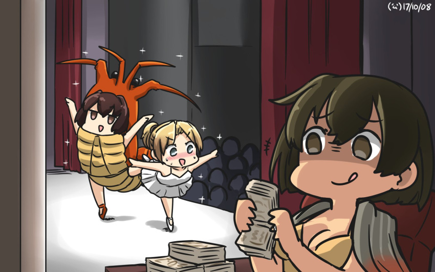 &gt;:d +++ 3girls :d :q blonde_hair blue_eyes blush brown_eyes brown_hair commentary counting_money dancing dated hamu_koutarou highres hiryuu_(kantai_collection) ise_(kantai_collection) kantai_collection lobster_costume maikaze_(kantai_collection) money multiple_girls nose_blush open_mouth ponytail shaded_face smile sparkle stage standing standing_on_one_leg tiptoes tongue tongue_out tutu