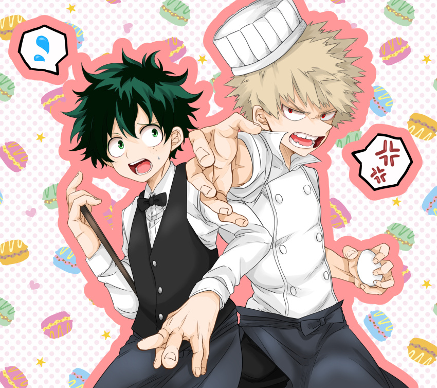 2boys anger_vein angry bakugou_katsuki blonde_hair boku_no_hero_academia bow bowtie chef green_eyes green_hair highres looking_at_viewer midoriya_izuku multiple_boys open_mouth red_eyes short_hair spiky_hair spoken_anger_vein spoken_sweatdrop sweatdrop umeno_tado vest waiter