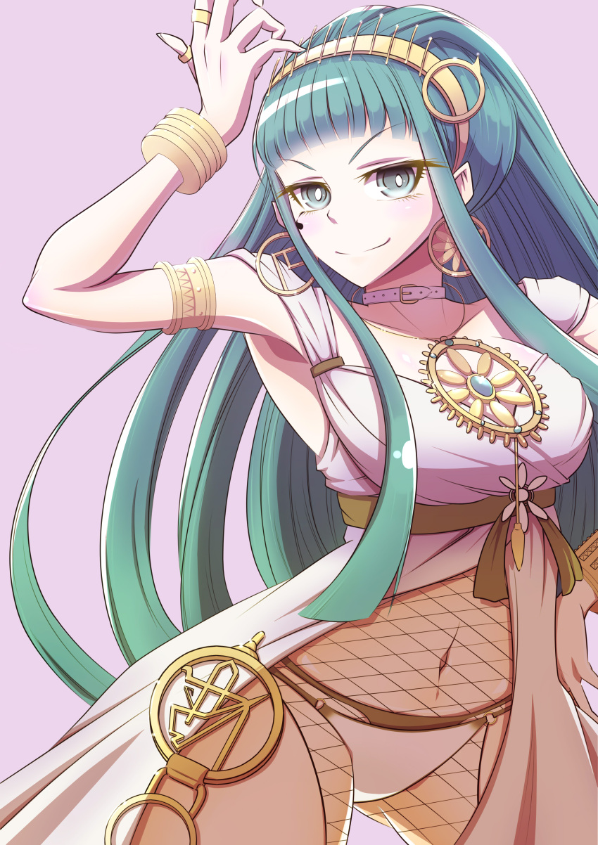 &gt;:) 1girl absurdres aqua_eyes aqua_hair arm_up armlet armpits bangs belt belt_buckle blunt_bangs blush bracelet breasts bright_pupils buckle choker cleavage cleopatra_(fate/grand_order) closed_mouth collarbone cowboy_shot dress earrings egyptian egyptian_clothes eyebrows eyebrows_visible_through_hair eyelashes eyeliner eyes_visible_through_hair facing_away fate/grand_order fate_(series) fingernails fishnet_pantyhose fishnets flower gensui_(auoua) gluteal_fold gradient gradient_background hairband hand_on_hip highres hoop_earrings jewelry large_breasts legs_apart long_fingernails long_hair looking_at_viewer makeup navel necklace nose o-ring o-ring_panties panties pantyhose purple_background ring ringed_eyes shiny shiny_skin sidelocks smile solo sparkle stomach straight_hair tsurime underwear very_long_hair white_belt white_choker white_dress white_panties white_pupils yellow_hairband