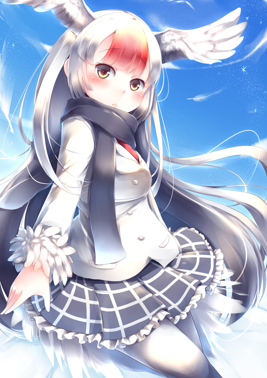 1girl absurdres bangs blue_sky blunt_bangs blush commentary day eyebrows_visible_through_hair feather-trimmed_sleeves feathered_wings frilled_skirt frills fur-trimmed_sleeves fur_trim gradient_hair grey_hair grey_legwear grey_scarf grey_skirt head_wings highres jacket kanzakietc kemono_friends long_hair long_sleeves looking_at_viewer multicolored_hair outdoors pantyhose plaid plaid_skirt red-crowned_crane_(kemono_friends) red_eyes redhead scarf skirt sky solo very_long_hair white_hair white_jacket wings