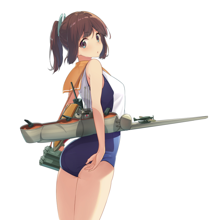 1girl adjusting_clothes adjusting_swimsuit ass bare_shoulders brown_eyes brown_hair from_behind highres i-401_(kantai_collection) kantai_collection looking_at_viewer looking_back one-piece_swimsuit oweee ponytail sailor_collar school_swimsuit short_hair short_ponytail simple_background solo swimsuit tan weapon white_background
