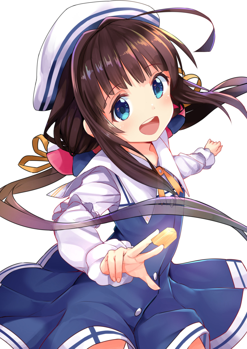 10s 1girl :d ahoge bangs beret between_fingers black_hair blue_dress blue_eyes board_game cowboy_shot dress eyebrows_visible_through_hair hat highres hinatsuru_ai long_hair looking_at_viewer low_twintails open_mouth ryuuou_no_oshigoto! sailor_collar sailor_dress shougi sidelocks simple_background smile solo tareme twintails u_rin white_background