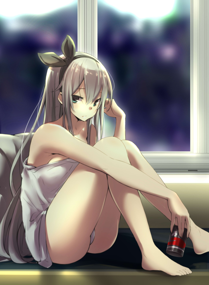 1girl absurdres bare_arms bare_legs bare_shoulders barefoot black_hairband black_ribbon breast_press breasts can closed_mouth collarbone deiema green_eyes grey_hair grey_panties grey_towel hair_between_eyes hair_ornament hair_ribbon hairband hand_to_head hand_up highres holding holding_can indoors knees_to_chest knees_up long_hair looking_at_viewer medium_breasts naked_towel night original panties pantyshot pantyshot_(sitting) pillow ribbon sidelocks sitting solo towel underwear very_long_hair window