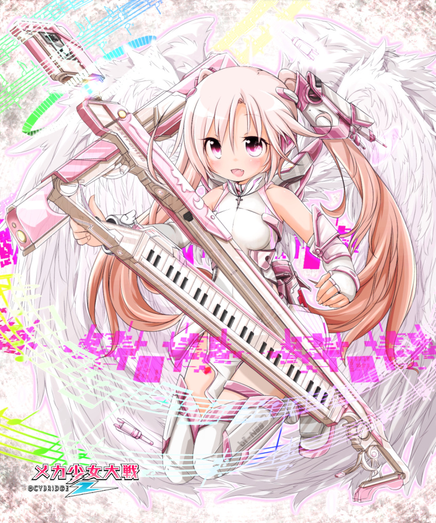 1girl akino_coto blush brown_hair highres instrument keyboard_(instrument) long_hair mecha_shoujo_taisen_z open_mouth pink_eyes smile solo twintails white_wings wings