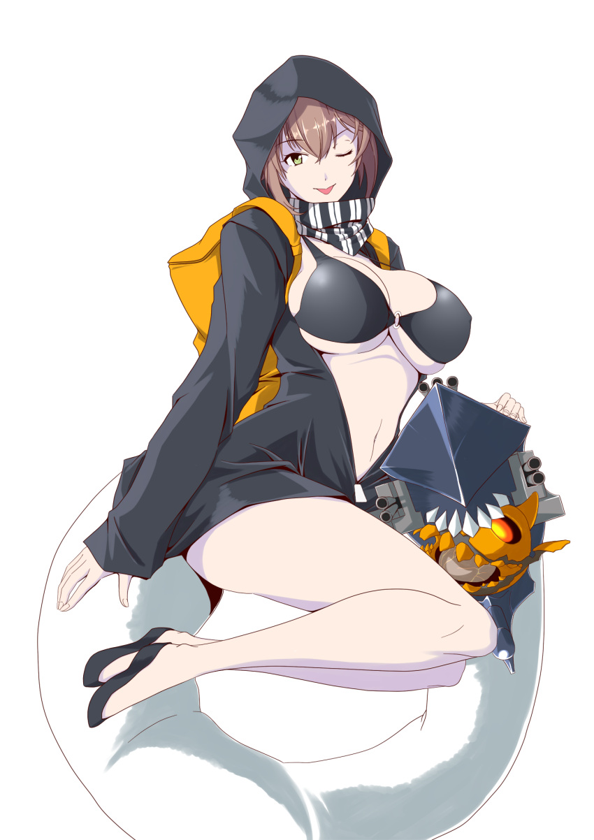 1girl alternate_costume backpack bag bikini black_bikini black_footwear black_hoodie breasts brown_hair cleavage collarbone cosplay enemy_aircraft_(kantai_collection) full_body green_eyes halloween highres hood jacket kantai_collection kiriki_haruomi large_breasts long_sleeves looking_at_viewer mutsu_(kantai_collection) o-ring one_eye_closed open_clothes open_jacket re-class_battleship re-class_battleship_(cosplay) short_hair simple_background solo swimsuit tail teeth thighs tongue tongue_out turret white_background