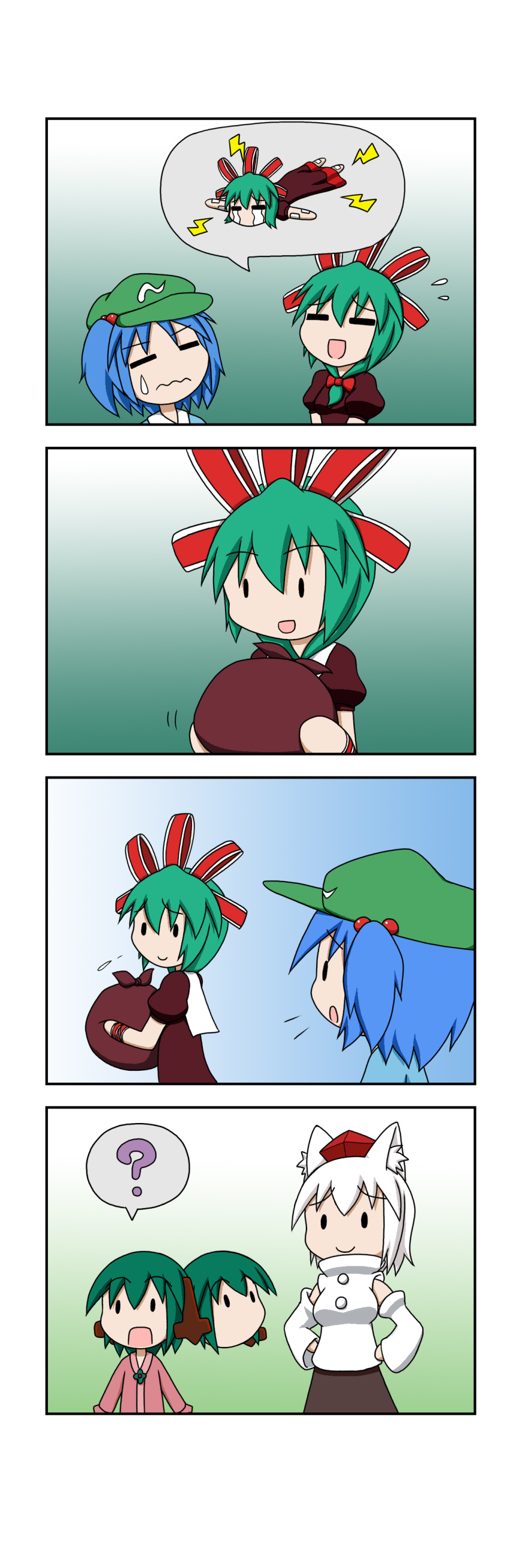 4koma =_= ? absurdres animal_ears bag bandage blue_hair cap comic detached_sleeves fallen_down flying_sweatdrops front_ponytail green_hair hair_ribbon hair_tie hands_on_hips hat highres inubashiri_momiji kagiyama_hina kasodani_kyouko kawashiro_nitori rakugaki-biyori ribbon spoken_person spoken_question_mark tokin_hat touhou two_side_up white_hair wolf_ears