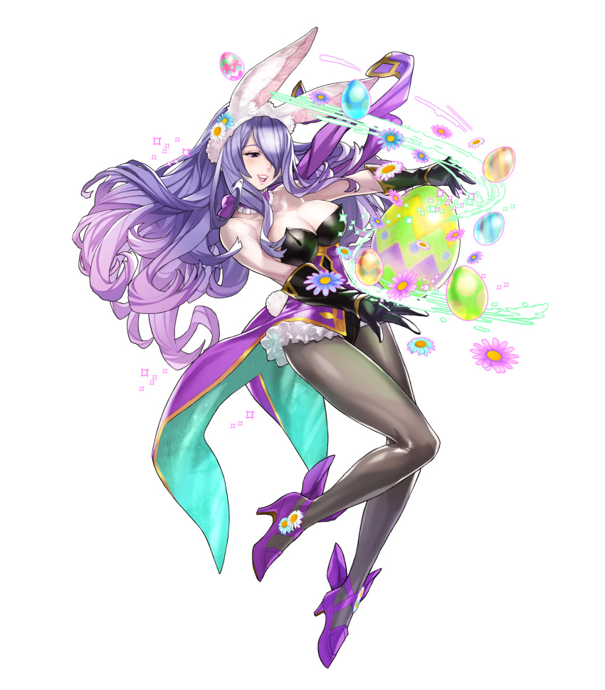 1girl animal_ears bare_shoulders breasts bunny_tail camilla_(fire_emblem_if) choker cleavage easter easter_egg elbow_gloves fire_emblem fire_emblem_heroes fire_emblem_if flower frilled_choker frills full_body gloves gradient_hair hair_ornament hair_over_one_eye hat high_heels highres large_breasts leotard long_hair maeshima_shigeki multicolored_hair official_art open_mouth overskirt pantyhose purple_choker purple_hair rabbit_ears smile solo sparkle tail transparent_background