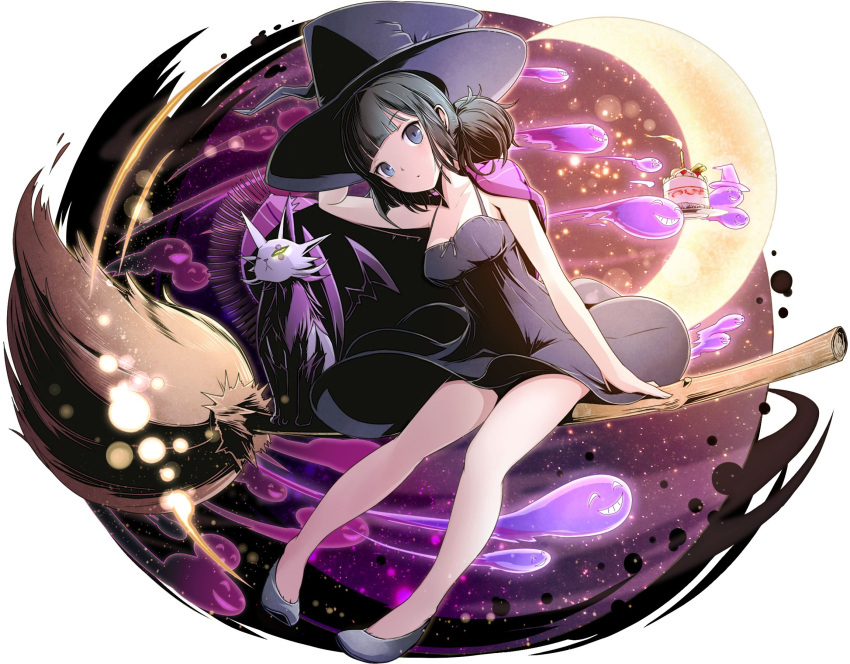 1girl arm_up black_dress black_hair black_hat blue_eyes breasts cat cleavage collarbone divine_gate dress eyebrows_visible_through_hair hand_on_headwear hat highres long_hair looking_at_viewer medium_breasts short_dress simple_background sitting sleeveless sleeveless_dress solo ucmm white_background witch_hat