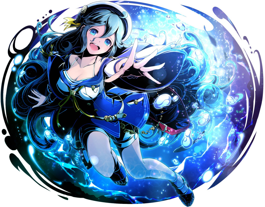 1girl :d belt blue_eyes blue_hair blue_shorts bracelet breasts cleavage collarbone divine_gate floating_hair full_body hair_between_eyes highres jewelry large_breasts long_hair open_mouth outstretched_arm short_shorts shorts simple_background smile solo ucmm very_long_hair white_background
