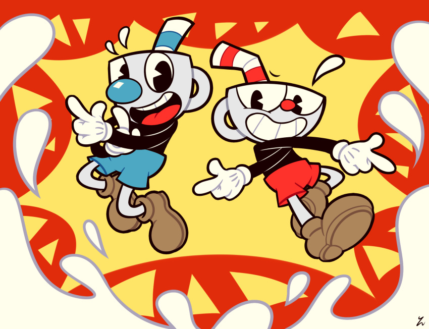 2boys brothers cuphead cuphead_(game) finger_gun highres milk mugman multiple_boys shoes shorts siblings yatsunote