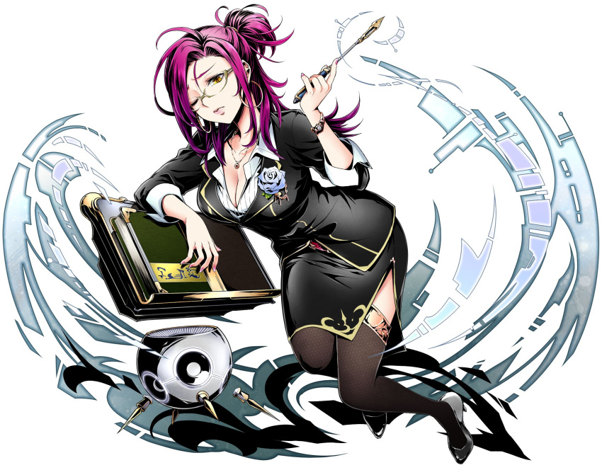 1girl black_legwear black_skirt blue_flower book bracelet breasts cleavage collarbone divine_gate earrings full_body glasses high_heels highres holding jewelry large_breasts long_hair necklace one_eye_closed pencil_skirt ponytail purple_hair shirt simple_background skirt solo striped striped_shirt thigh-highs ucmm vertical-striped_shirt vertical_stripes white_background white_shirt yellow_eyes