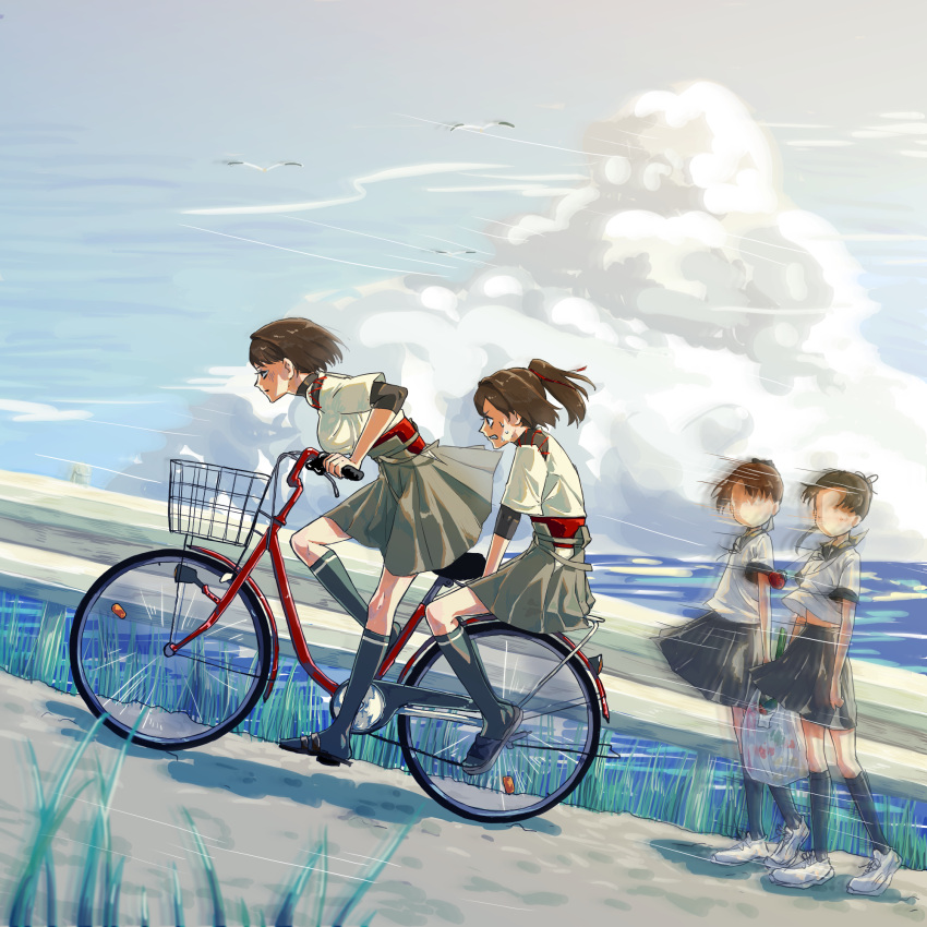 4girls ayanami_(kantai_collection) bag basket bicycle bird brown_hair clenched_teeth clouds dutch_angle faceless faceless_female grass ground_vehicle hair_ribbon highres hyuuga_(kantai_collection) ise_(kantai_collection) kantai_collection motion_blur multiple_girls plastic_bag ponytail ribbon school_uniform seagull serafuku shikinami_(kantai_collection) shoes short_hair sneakers socks speed_lines sweat teeth zabuton_dorobou