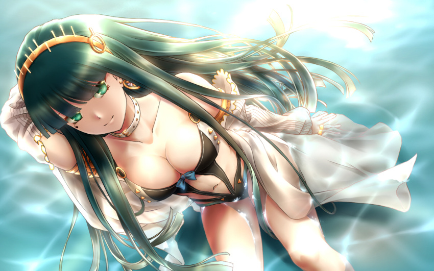 1girl alternate_costume aqua_eyes aqua_hair arm_at_side arm_behind_back arm_up armlet bangs bare_shoulders belt blue_bow blunt_bangs bow breasts choker cleavage cleopatra_(fate/grand_order) closed_mouth detached_sleeves dutch_angle earrings egyptian eques_(artist) eyebrows_visible_through_hair eyelashes eyeliner eyes_visible_through_hair facing_away fate/grand_order fate_(series) flower from_above hairband hoop_earrings jewelry lips long_hair long_sleeves looking_at_viewer makeup medium_breasts midriff navel one-piece_swimsuit sitting smile solo straight_hair swimsuit tsurime very_long_hair wading water white_belt white_choker yellow_hairband