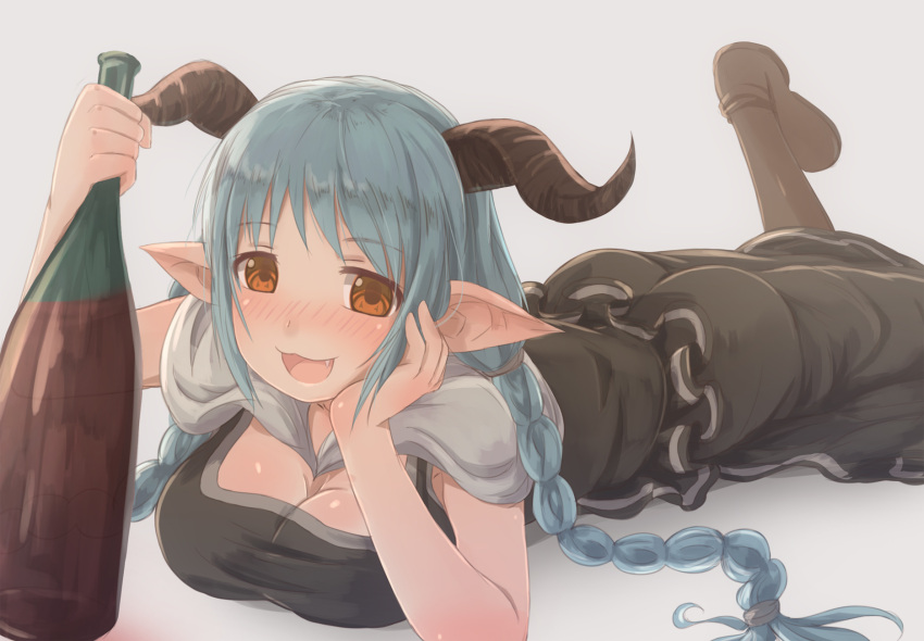 1girl :3 :d black_dress blue_hair blush bottle braid breasts brown_eyes chin_rest cleavage commentary doraf dress eyebrows_visible_through_hair fang granblue_fantasy highres hikari_niji holding holding_bottle horns large_breasts long_hair lying nose_blush on_stomach open_mouth pointy_ears rumredda smile solo twin_braids wine_bottle