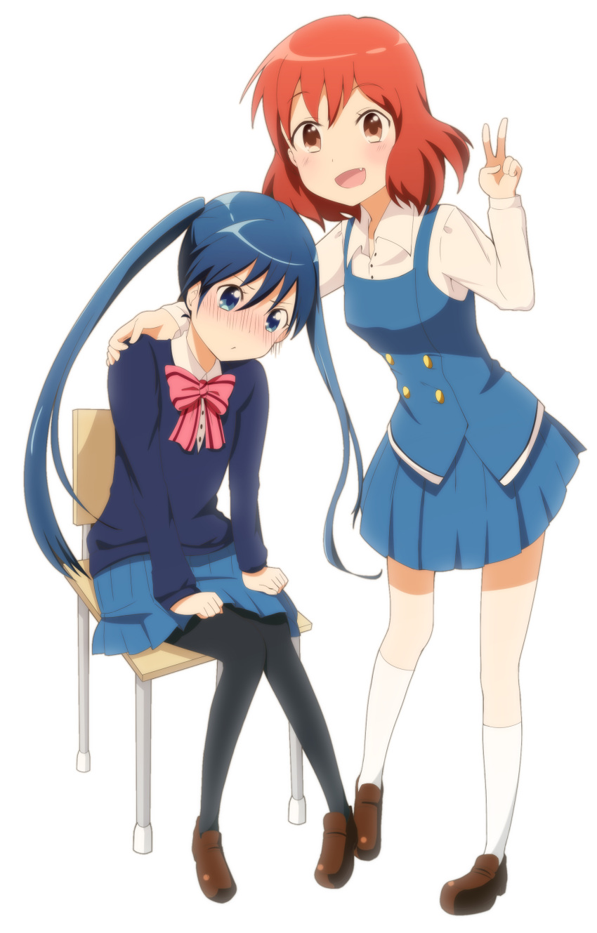 2girls absurdres bangs blue_eyes blue_hair blue_sweater blue_vest blush bow bowtie breasts brown_eyes brown_footwear chair clenched_hands closed_mouth collared_shirt commentary_request eyebrows_visible_through_hair fang flat_chest full_body hand_on_another's_shoulder highres inokuma_youko kin-iro_mosaic kneehighs komichi_aya loafers long_sleeves looking_at_viewer looking_down medium_breasts multiple_girls nose_blush oonuki_aoi open_mouth pink_bow pink_bowtie redhead school_uniform shirt shoes short_hair simple_background sitting smile striped striped_bow striped_bowtie sweater twintails v vest white_background white_legwear white_shirt wing_collar