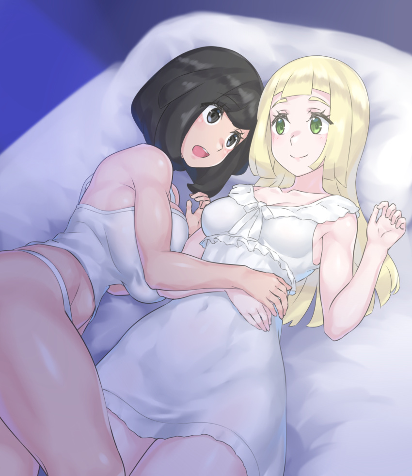 2girls bangs bare_shoulders bed_sheet bedroom black_eyes black_hair blonde_hair blunt_bangs blush breast_press breasts cleavage closed_mouth covered_navel evuoaniramu green_eyes half-closed_eyes hand_on_another's_stomach hand_on_own_stomach happy highres large_breasts lillie_(pokemon) long_hair lying medium_breasts midriff mizuki_(pokemon_sm) multiple_girls navel night nightgown on_back on_bed open_mouth pajamas panties pillow pokemon pokemon_(game) pokemon_sm short_hair sleeveless smile stomach swept_bangs tank_top underwear yuri