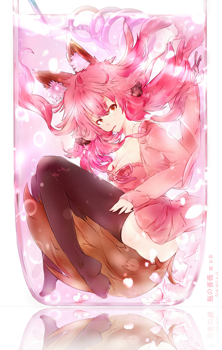 1girl absurdres animal_ears black_legwear breasts casual cleavage collarbone fate/extra fate/grand_order fate_(series) fox_ears fox_tail glass hair_in_mouth highres large_breasts long_hair looking_at_viewer mochigome_(fatelly) petals pink_hair solo tail tamamo_(fate)_(all) tamamo_no_mae_(fate) thigh-highs traditional_media watercolor_(medium) yellow_eyes