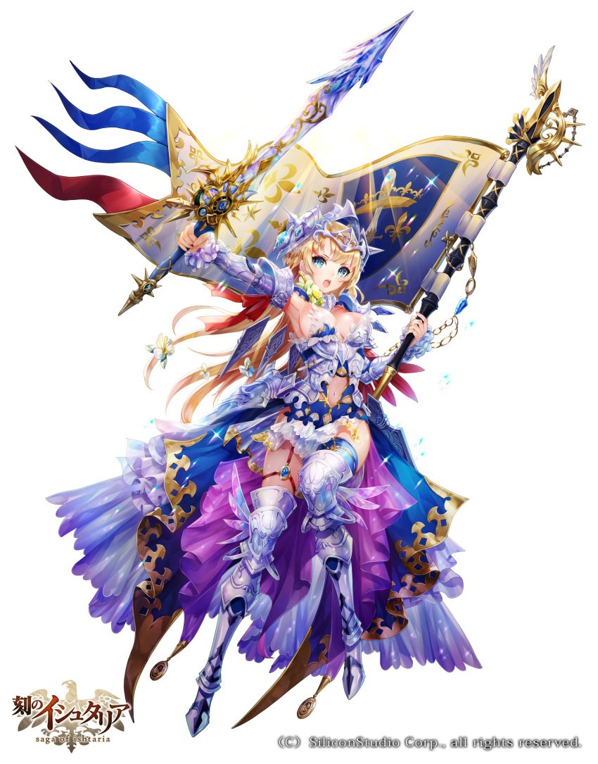 1girl age_of_ishtaria armor armored_boots armored_dress armpits bangs blonde_hair blue_eyes boots breasts cleavage commentary copyright_name detached_sleeves flag frilled_sleeves frills full_body gauntlets helmet highres holding holding_sword holding_weapon large_breasts logo long_hair navel nemusuke official_art open_mouth shiny simple_background solo sparkle sword thigh-highs weapon white_background