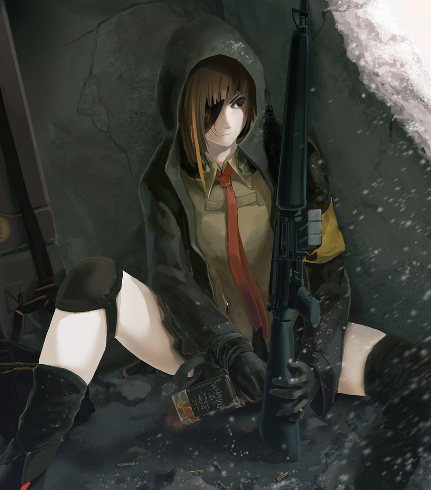 1girl against_wall alcohol assault_rifle asymmetrical_legwear black_eyes black_gloves black_legwear bottle brown_eyes brown_hair collared_shirt cracked_wall eyepatch facial_scar girls_frontline gloves gun highres holding holding_bottle hood hooded_jacket jack_daniel's jacket knee_pads long_hair long_sleeves looking_to_the_side m16 m16a1_(girls_frontline) multicolored_hair necktie on_ground red_necktie rifle scar serious shell_casing shirt sitting snow solo spread_legs streaked_hair thrall1000 weapon whiskey