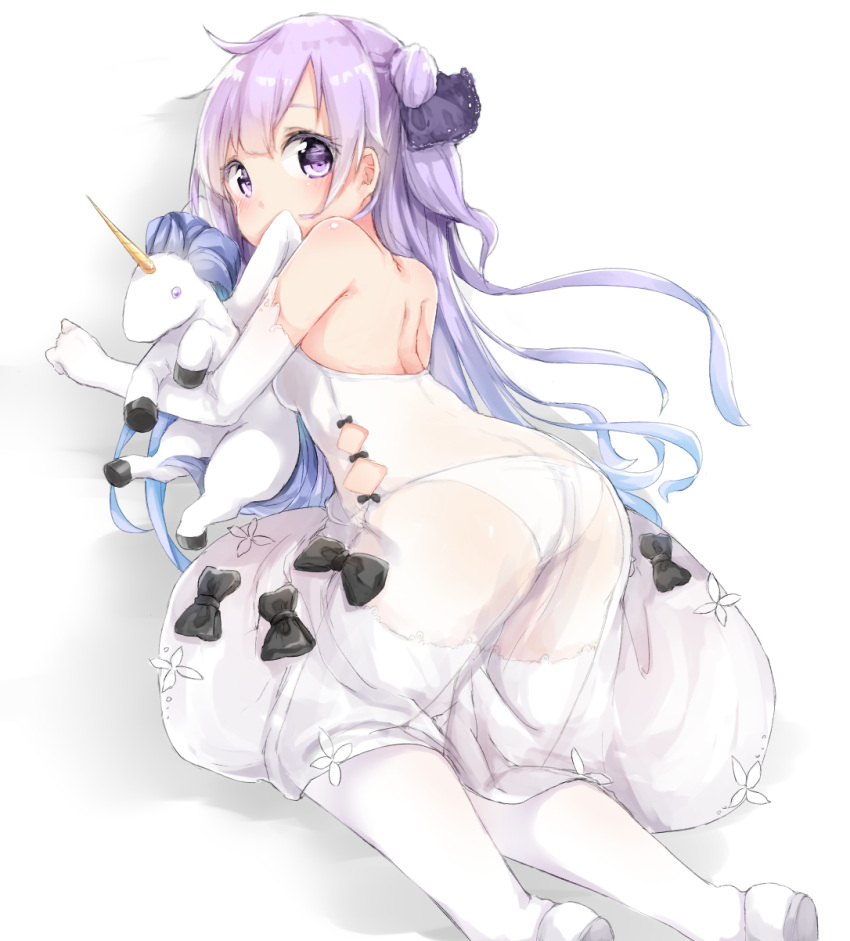1girl all_fours ass azur_lane back bare_shoulders black_bow blue_hair bow breasts elbow_gloves from_behind gloves gradient_hair highres long_hair looking_at_viewer looking_back multicolored_hair nosetissue one_side_up panties purple_hair see-through shoes simple_background small_breasts solo stuffed_toy thigh-highs underwear unicorn_(azur_lane) violet_eyes white_background white_footwear white_gloves white_legwear white_panties