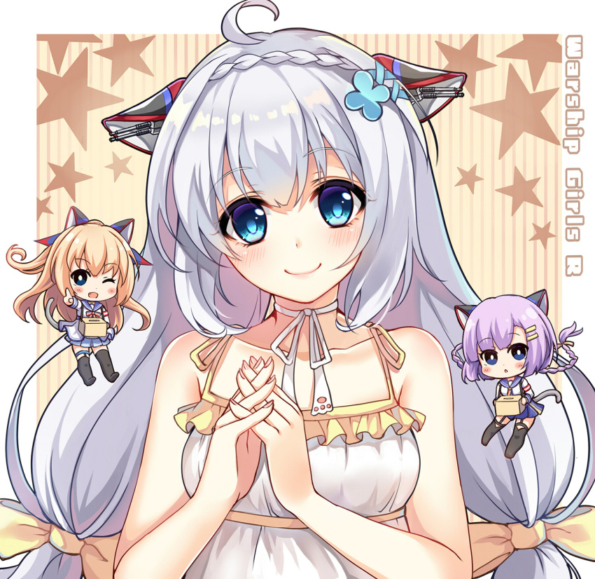 3girls ahoge black_legwear blue_eyes blush character_request chibi_inset claxton_(zhan_jian_shao_nyu) closed_mouth collarbone copyright_name eyebrows_visible_through_hair grey_hair hasu_(velicia) highres looking_at_viewer multiple_girls smile thigh-highs upper_body zhan_jian_shao_nyu
