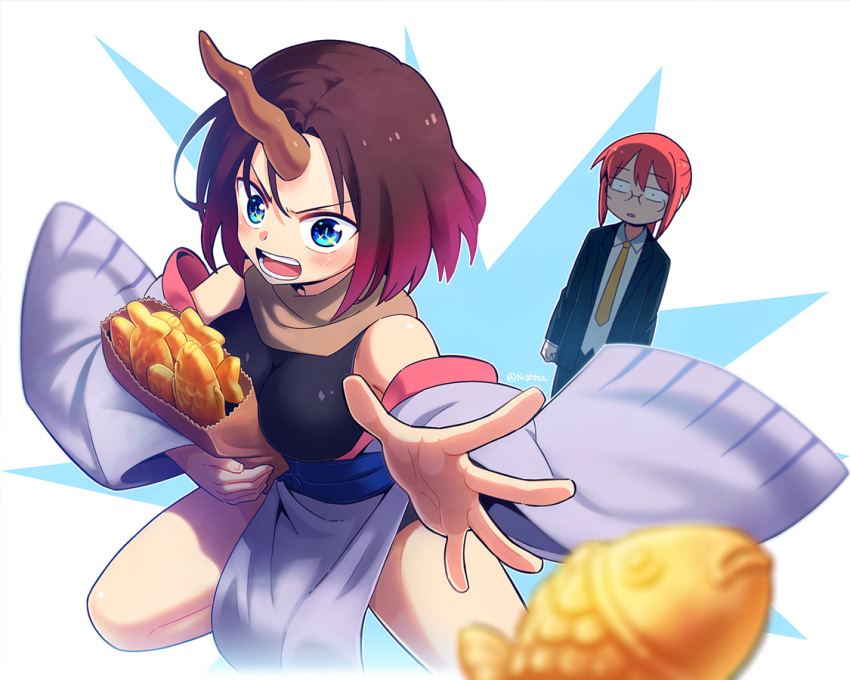 2girls :o angry attacking_viewer bag bare_shoulders black_jacket blue_eyes blush breasts brown_hair business_suit collared_shirt d: d:&lt; elma_(maidragon) eyebrows_visible_through_hair food formal gradient_hair holding_bag horn jacket japanese_clothes kimono kobayashi-san_chi_no_maidragon kobayashi_(maidragon) looking_at_viewer medium_breasts multiple_girls necktie nightea obi off_shoulder open_mouth paper_bag ponytail purple_hair redhead sash scarf shirt short_hair standing suit symbol_in_eye taiyaki throwing wagashi white_shirt yellow_necktie