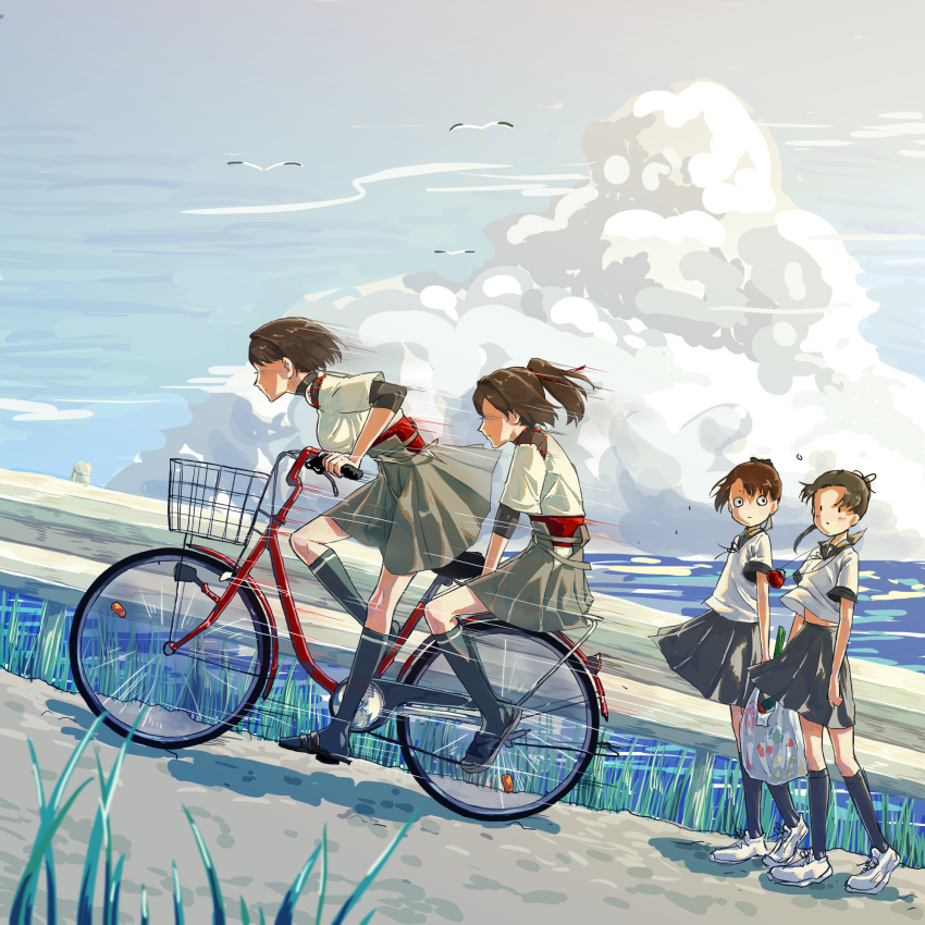 4girls ayanami_(kantai_collection) bag basket bicycle bird brown_hair clouds dutch_angle faceless faceless_female grass ground_vehicle hair_ribbon highres hyuuga_(kantai_collection) ise_(kantai_collection) kantai_collection multiple_girls plastic_bag ponytail ribbon school_uniform seagull serafuku shikinami_(kantai_collection) shoes short_hair sneakers socks solid_circle_eyes speed_lines zabuton_dorobou