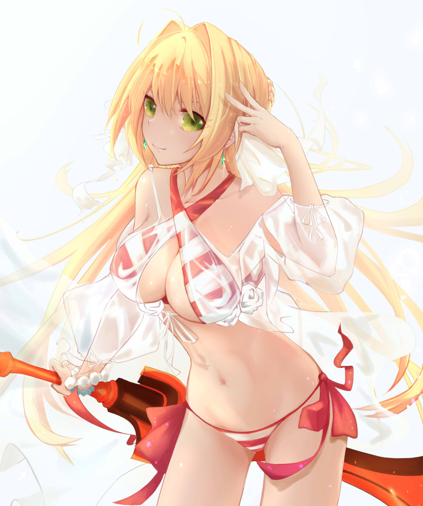 1girl ahoge babydoll bikini blonde_hair bracelet braid breasts cleavage criss-cross_halter fate/grand_order fate_(series) green_eyes hair_down hair_intakes hair_ribbon halterneck highres jewelry large_breasts leaning_forward long_hair looking_at_viewer meo_(1271884559) navel nero_claudius_(swimsuit_caster)_(fate) ribbon saber_extra see-through side-tie_bikini smile solo standing striped striped_bikini swimsuit sword very_long_hair weapon