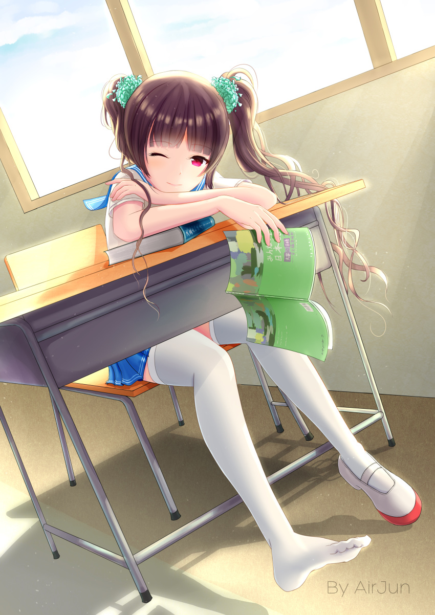 1girl ;) absurdres airjun artist_name blue_skirt book brown_hair classroom dutch_angle feet highres indoors looking_at_viewer one_eye_closed original pink_eyes school_uniform serafuku shadow shoe_removed single_shoe sitting skirt smile solo thigh-highs twintails white_legwear