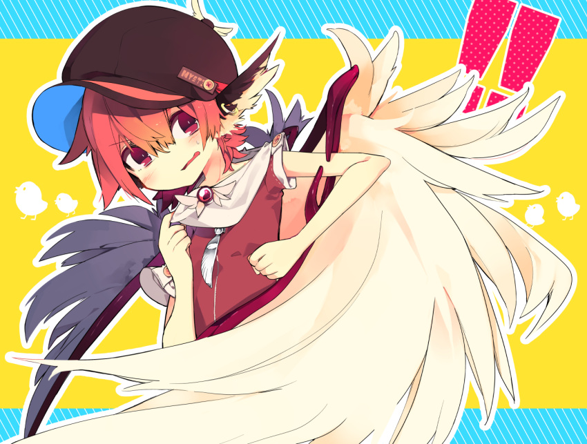 !! 1girl aki_maki_yuu bangs bare_arms baseball_cap bird_wings character_name feathered_wings hair_between_eyes hat head_wings jewelry looking_at_viewer mystia_lorelei pink_eyes pink_hair short_hair single_earring solo touhou upper_body wavy_mouth wings