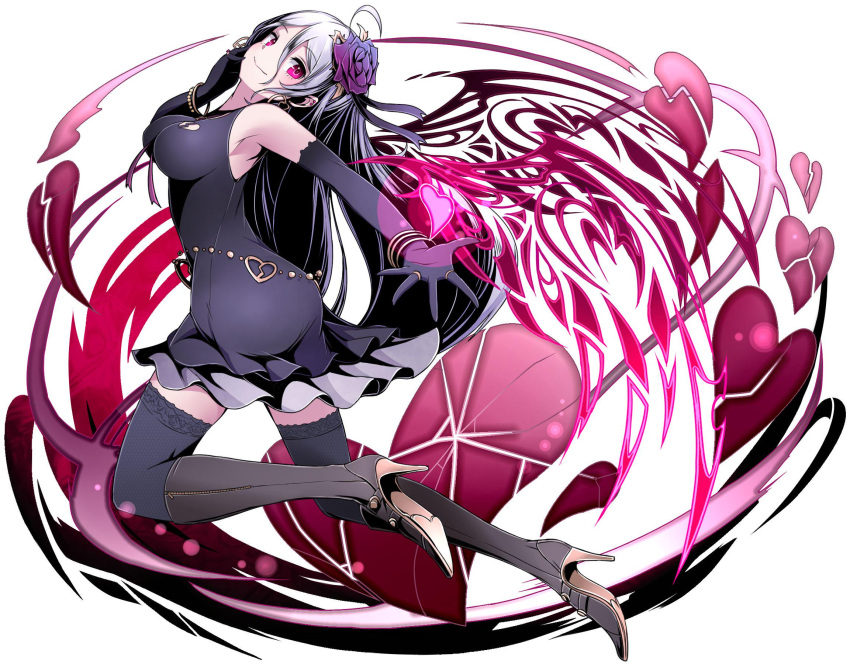 ahoge armpits black_dress black_footwear black_gloves black_legwear black_ribbon boots breasts breasts_apart divine_gate dress elbow_gloves eyebrows_visible_through_hair floating_hair flower from_side full_body gloves hair_between_eyes hair_flower hair_ornament hair_ribbon heart high_heel_boots high_heels highres knee_boots long_hair looking_at_viewer medium_breasts purple_flower red_eyes ribbon shadow silver_hair simple_background sleeveless sleeveless_dress thigh-highs ucmm very_long_hair white_background