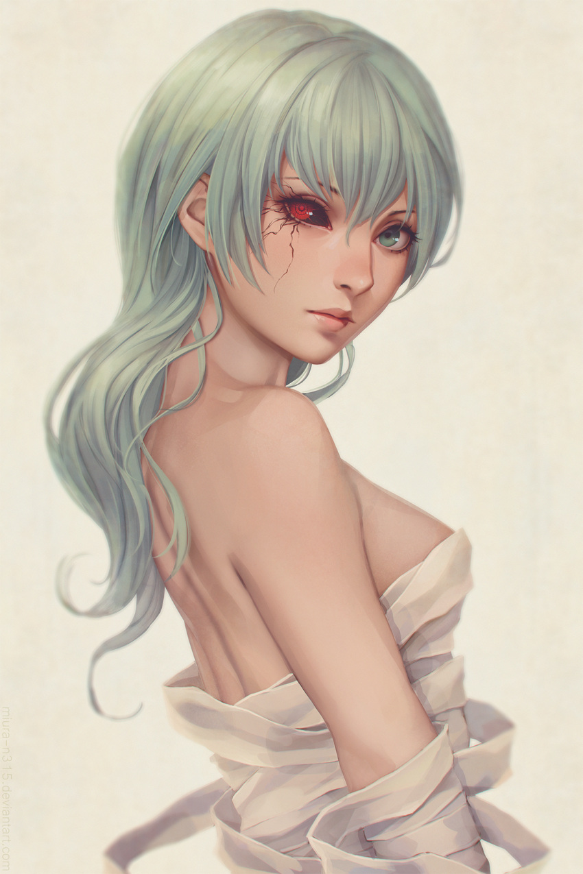 1girl artist_name bandage bandaged_arm bare_shoulders black_sclera breasts closed_mouth commentary eto_(tokyo_ghoul) green_eyes green_hair hair_between_eyes heterochromia highres lips long_hair looking_at_viewer looking_back medium_breasts mismatched_sclera miura-n315 nose red_eyes simple_background solo spoilers tokyo_ghoul upper_body watermark web_address