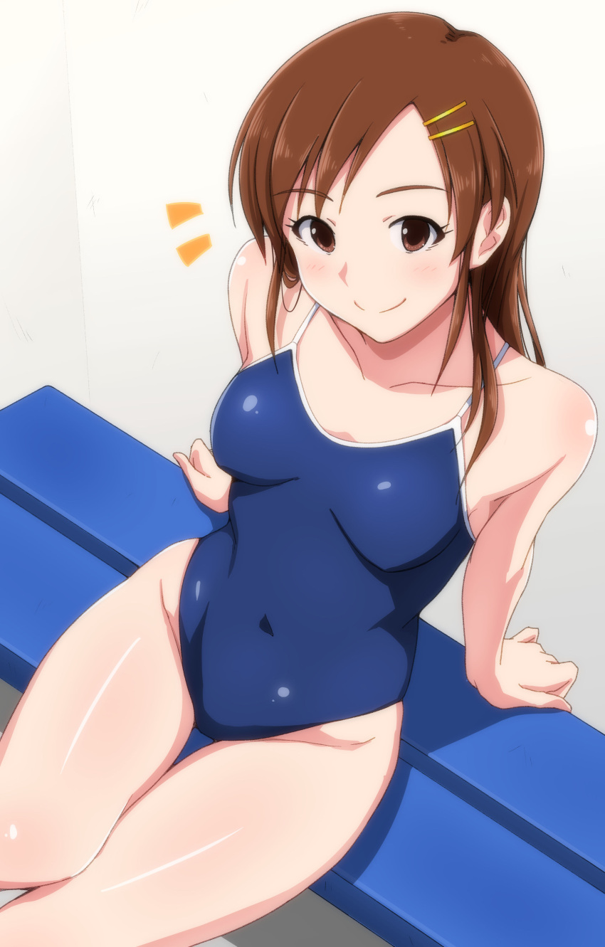 1girl absurdres alternate_hairstyle bench blue_swimsuit blush breasts brown_eyes brown_hair collarbone competition_school_swimsuit covered_navel futami_mami groin hair_down hair_ornament hairclip highres idolmaster idolmaster_(classic) long_hair one-piece_swimsuit school_swimsuit sitting small_breasts smile solo swimsuit tetuo_kun thigh_gap thighs