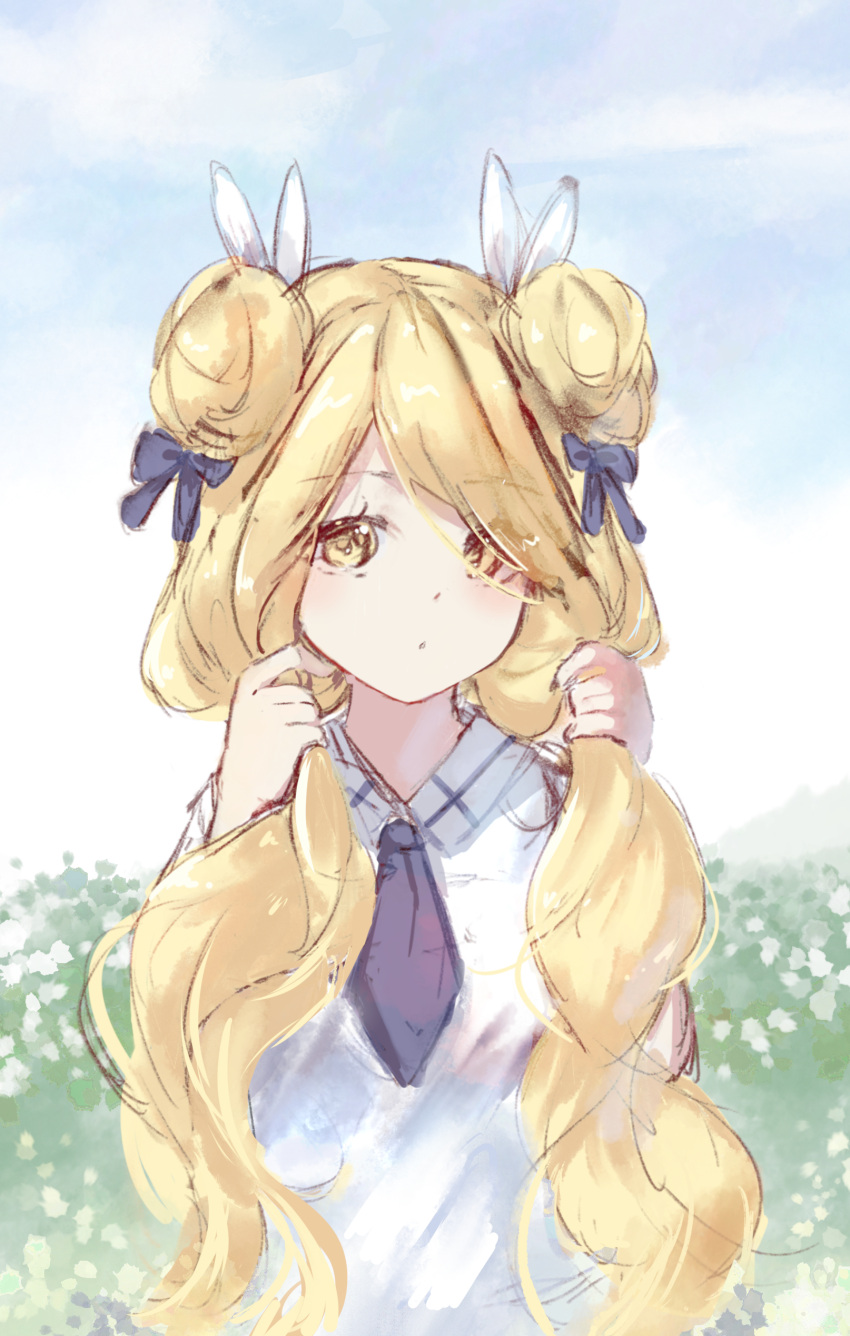 1girl absurdres bangs blue_bow blue_neckwear blue_sky bow brown_eyes closed_mouth clouds collared_shirt commentary_request date_a_live day double_bun eyebrows_visible_through_hair hair_bow hair_ribbon hands_up highres holding holding_hair hoshimiya_mukuro long_hair looking_at_viewer low_twintails mo_(pixiv9929995) outdoors ribbon shirt sky solo twintails very_long_hair white_ribbon white_shirt