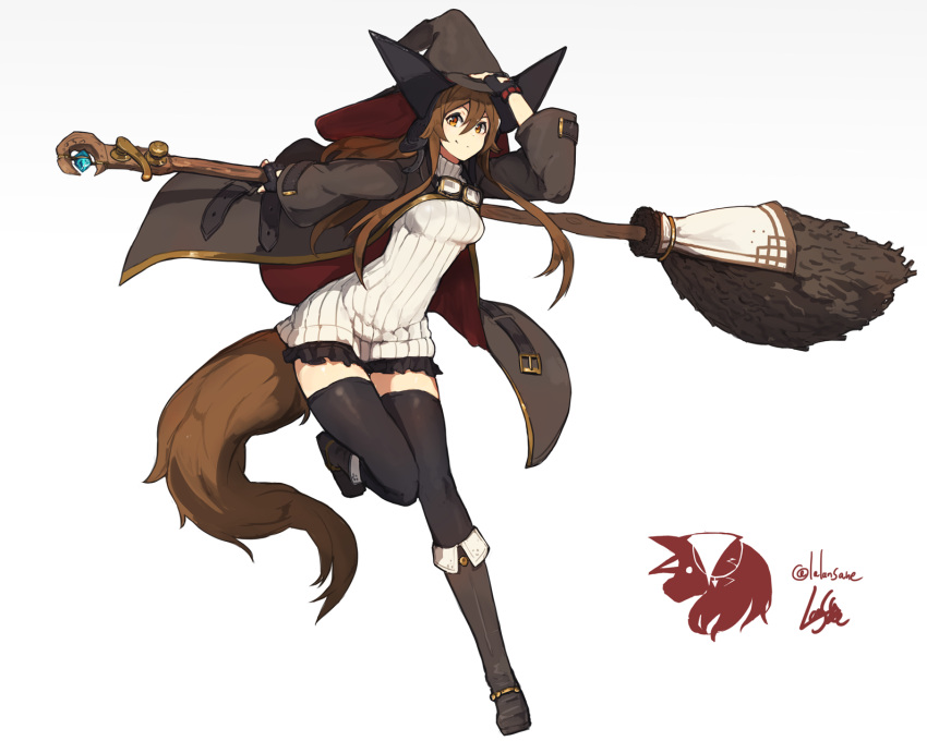 &gt;:) 1girl animal_ears bangs black_gloves black_legwear black_skirt boots broom brown_eyes brown_footwear brown_hair closed_mouth fingerless_gloves full_body gloves grey_background hair_between_eyes hand_on_headwear hat highres holding holding_broom knee_boots kneehighs lansane logo long_hair long_sleeves looking_at_viewer open_clothes open_robe original ribbed_sweater robe signature simple_background skirt smile solo standing standing_on_one_leg sweater tail thigh-highs tsana_(lansane) turtleneck turtleneck_sweater twitter_username white_background white_sweater witch witch_hat wolf_ears wolf_tail zettai_ryouiki