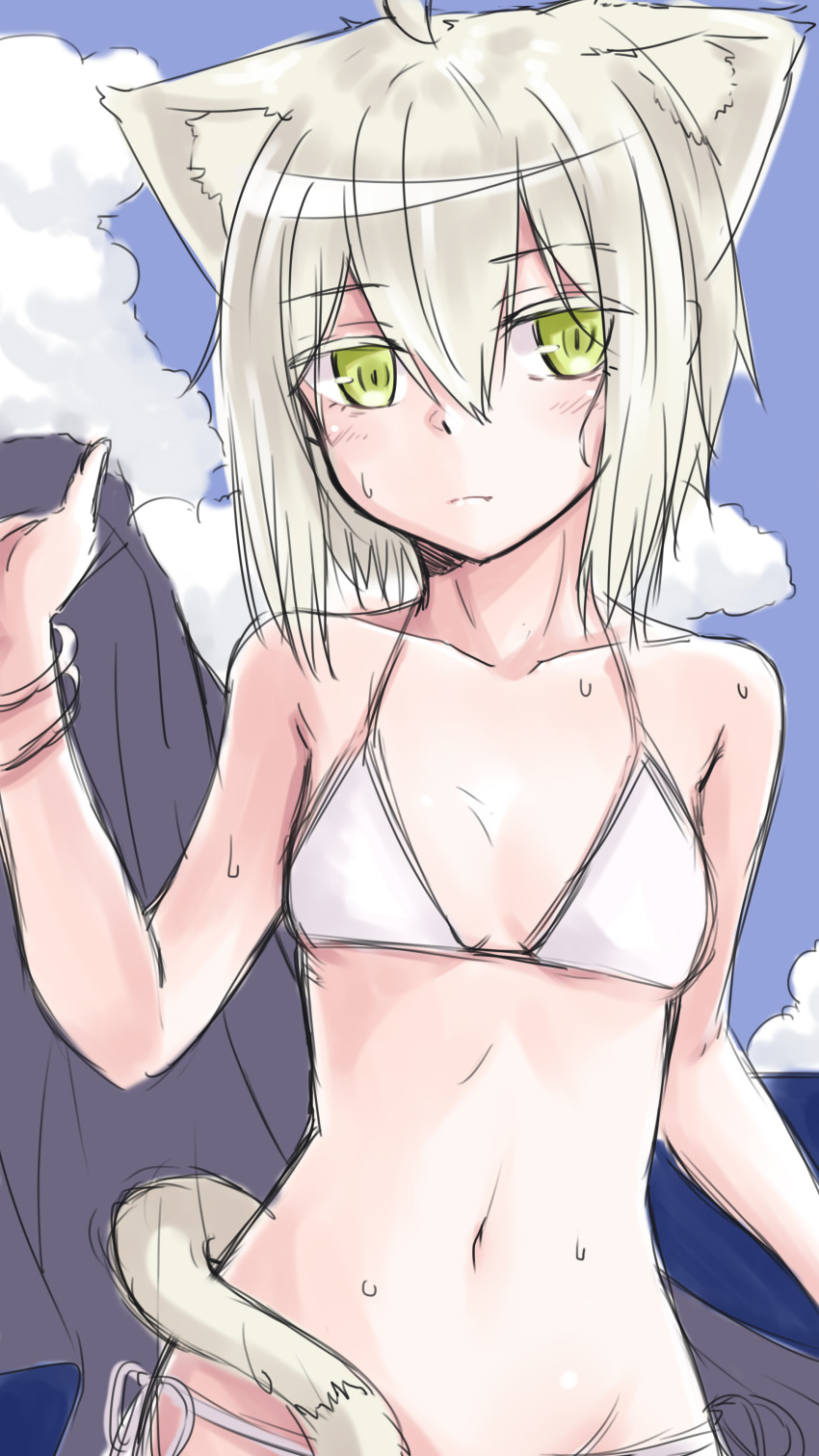 1girl absurdres ahoge animal_ears bangs bikini blush bracelet breasts cat_ears cat_girl cat_tail closed_mouth clouds cloudy_sky collarbone day eyebrows_visible_through_hair green_eyes hair_between_eyes highres ivan_wang jewelry jitome looking_at_viewer original outdoors short_hair side-tie_bikini sketch sky small_breasts solo sweat swimsuit tail upper_body white_bikini