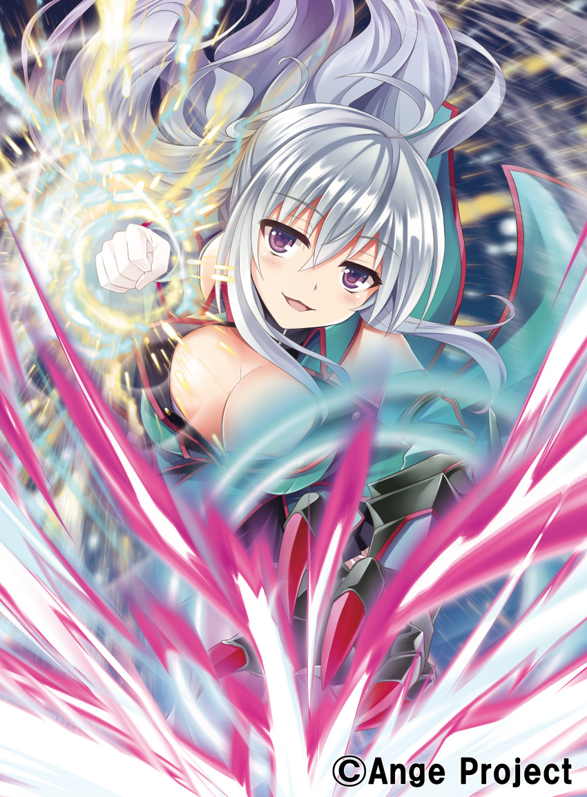 1girl :3 :d absurdres ange_vierge bare_shoulders breasts claws clenched_hand elbow_gloves energy gauntlets gloves highres kurowana large_breasts looking_at_viewer nya_lapucea official_art open_mouth punching single_gauntlet smile