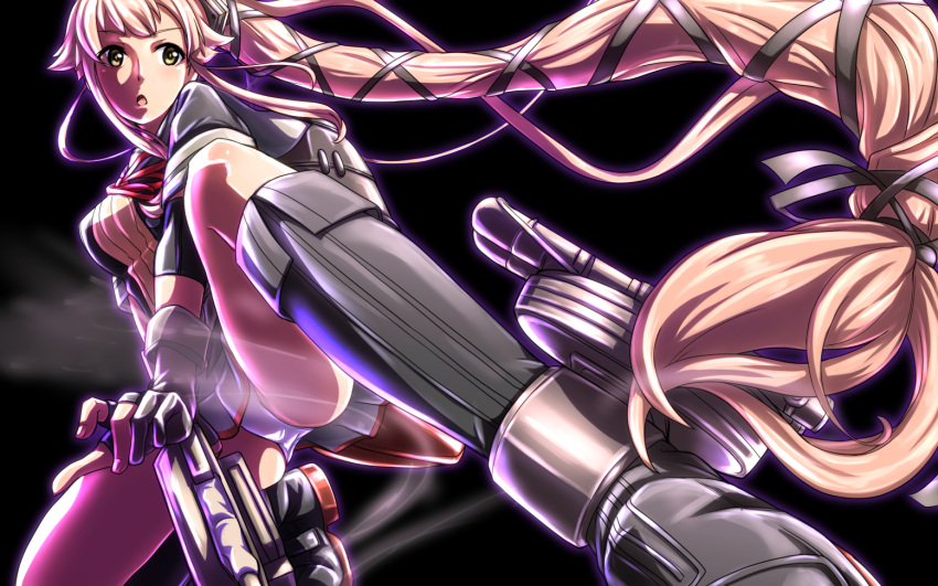 1girl black_background black_footwear black_gloves black_ribbon boots eyebrows_visible_through_hair eyes_visible_through_hair full_body gloves grey_sailor_collar grey_skirt hair_between_eyes hair_ornament hair_ribbon kantai_collection knee_boots kneeling kobamiso_(kobalt) long_hair looking_away open_mouth panties pantyshot pantyshot_(kneeling) partly_fingerless_gloves pink_hair pleated_skirt ponytail red_ribbon remodel_(kantai_collection) ribbon rigging sailor_collar school_uniform short_sleeves sidelocks skirt solo turret underwear very_long_hair yellow_eyes yura_(kantai_collection)