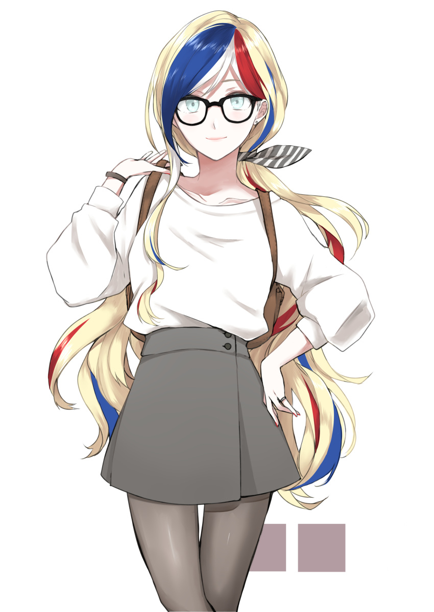 1girl absurdres backpack bag black-framed_eyewear blonde_hair blue_eyes blue_hair closed_mouth collarbone commandant_teste_(kantai_collection) dress earrings glasses grey_skirt hair_ribbon highres jewelry kantai_collection long_hair looking_at_viewer morinaga_(harumori) multicolored_hair nail_polish pantyhose red_nails redhead revision ribbon ring shirt_tucked_in simple_background skirt smile solo standing sweatshirt very_long_hair white_background